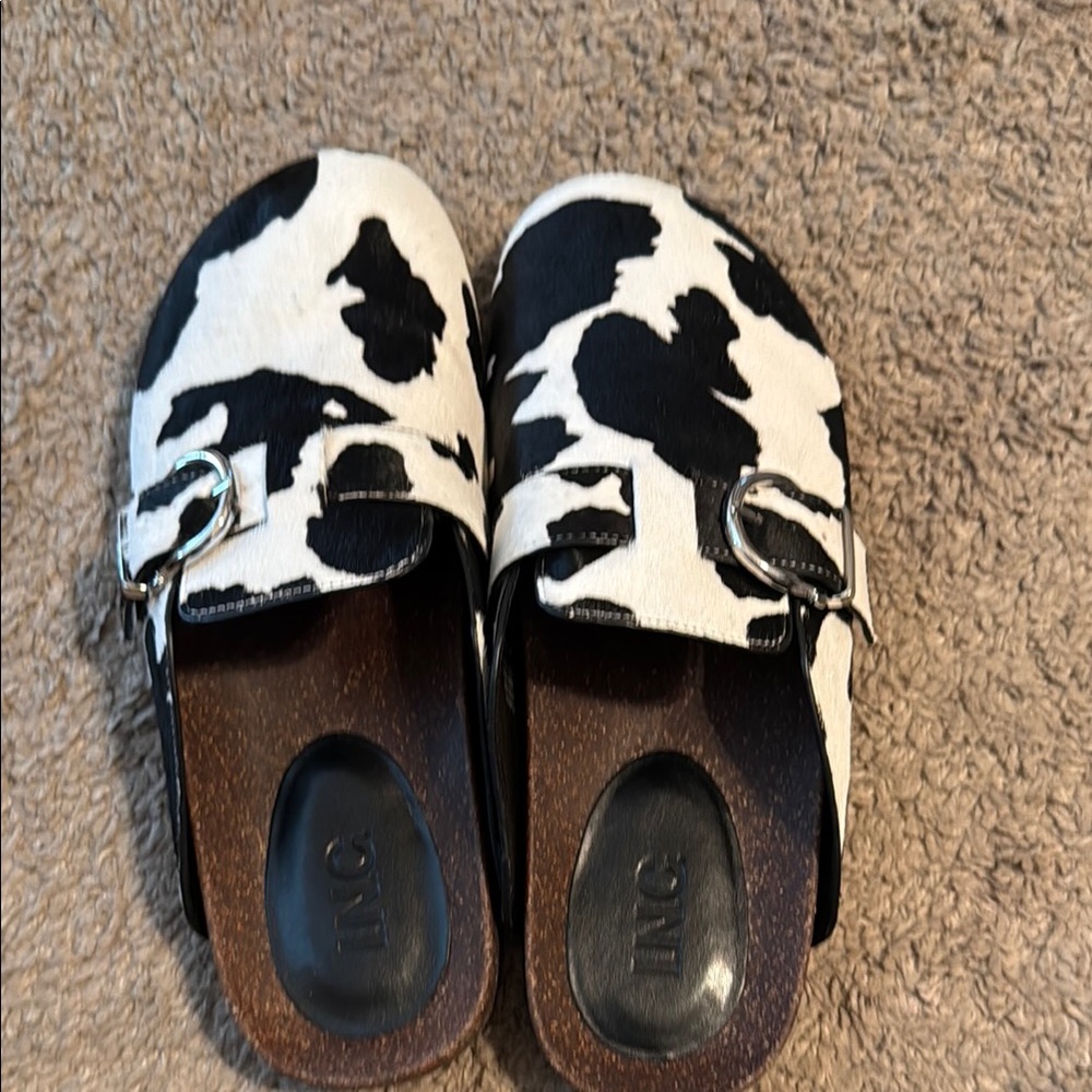 INC International Concepts Black and White Mules with Cow Print